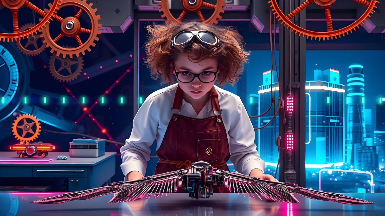 Inventor in Futuristic Workshop with Holographic Lights