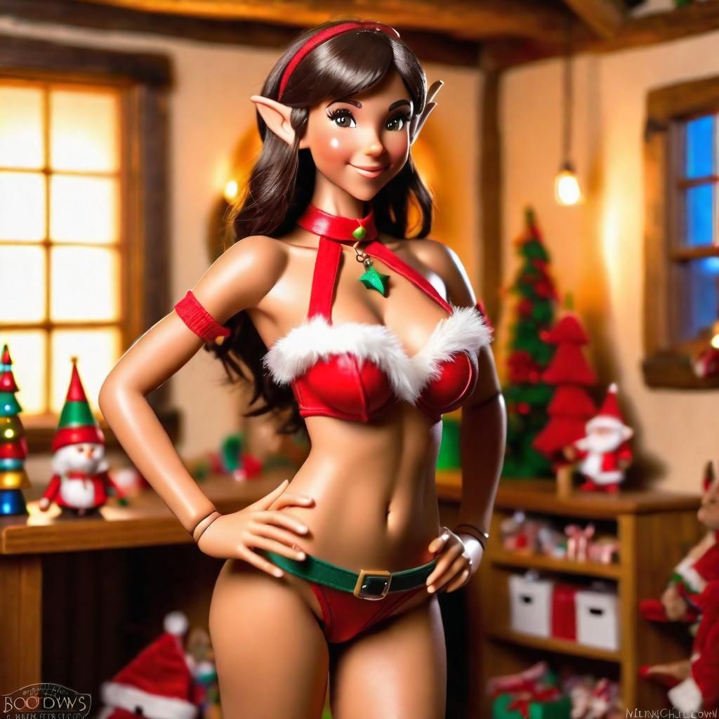 Petite Brunette Elf in North Pole Workshop