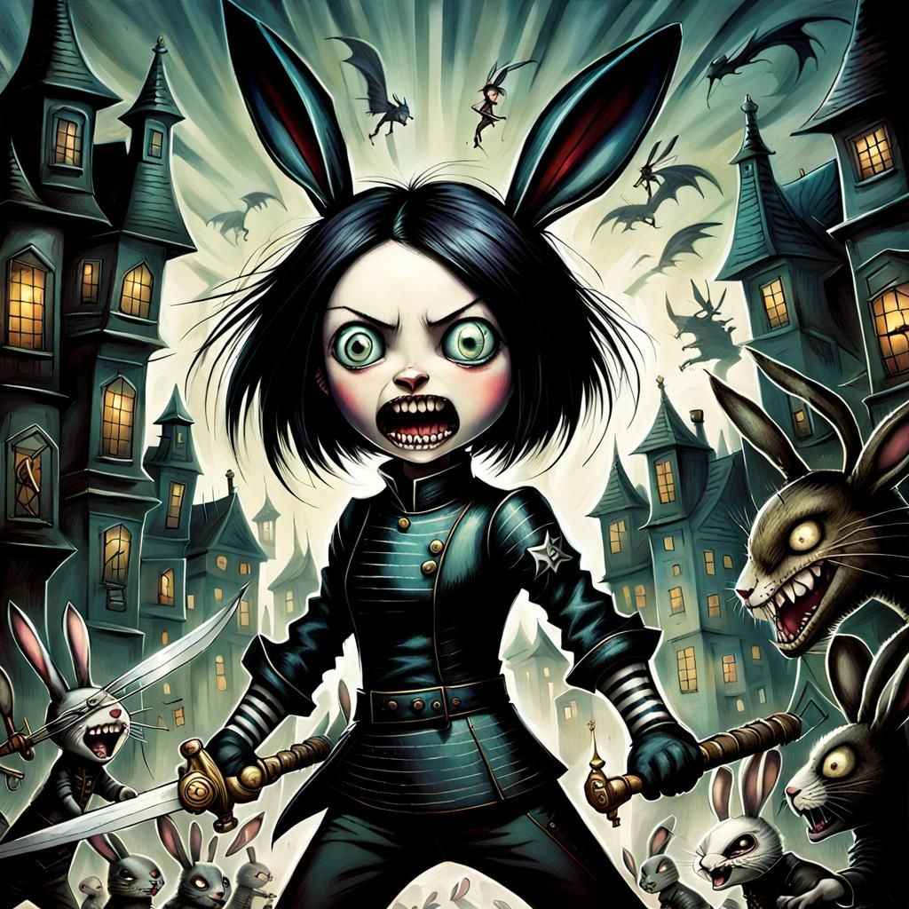 Gothic Anime Warrior Fighting a Dragon Bunny