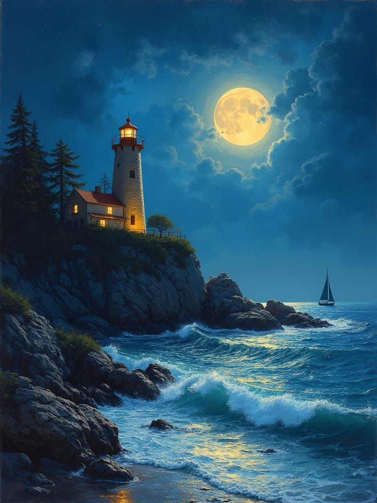 Serenene Nighttime Coastal Scene in Impressionistic Style