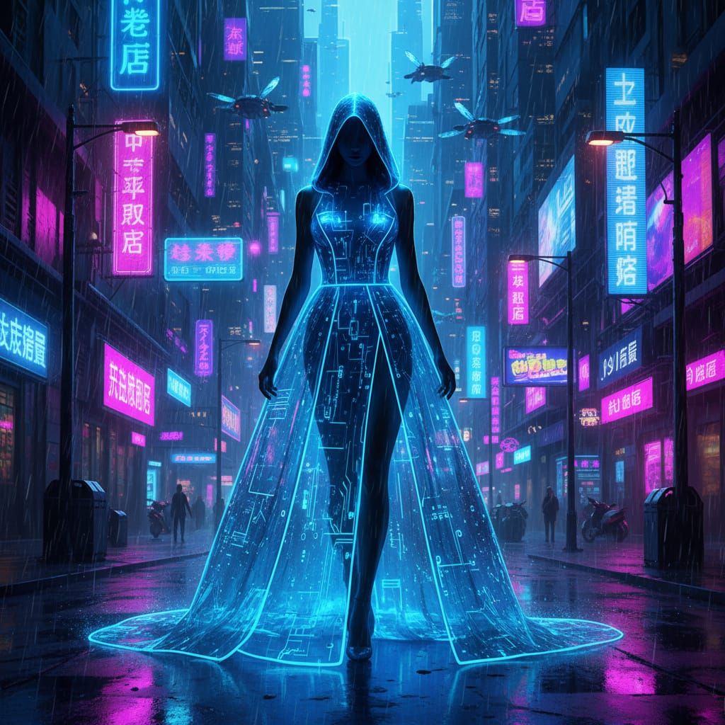 Cyberpunk City Street at Night With Glowing Glass Dress