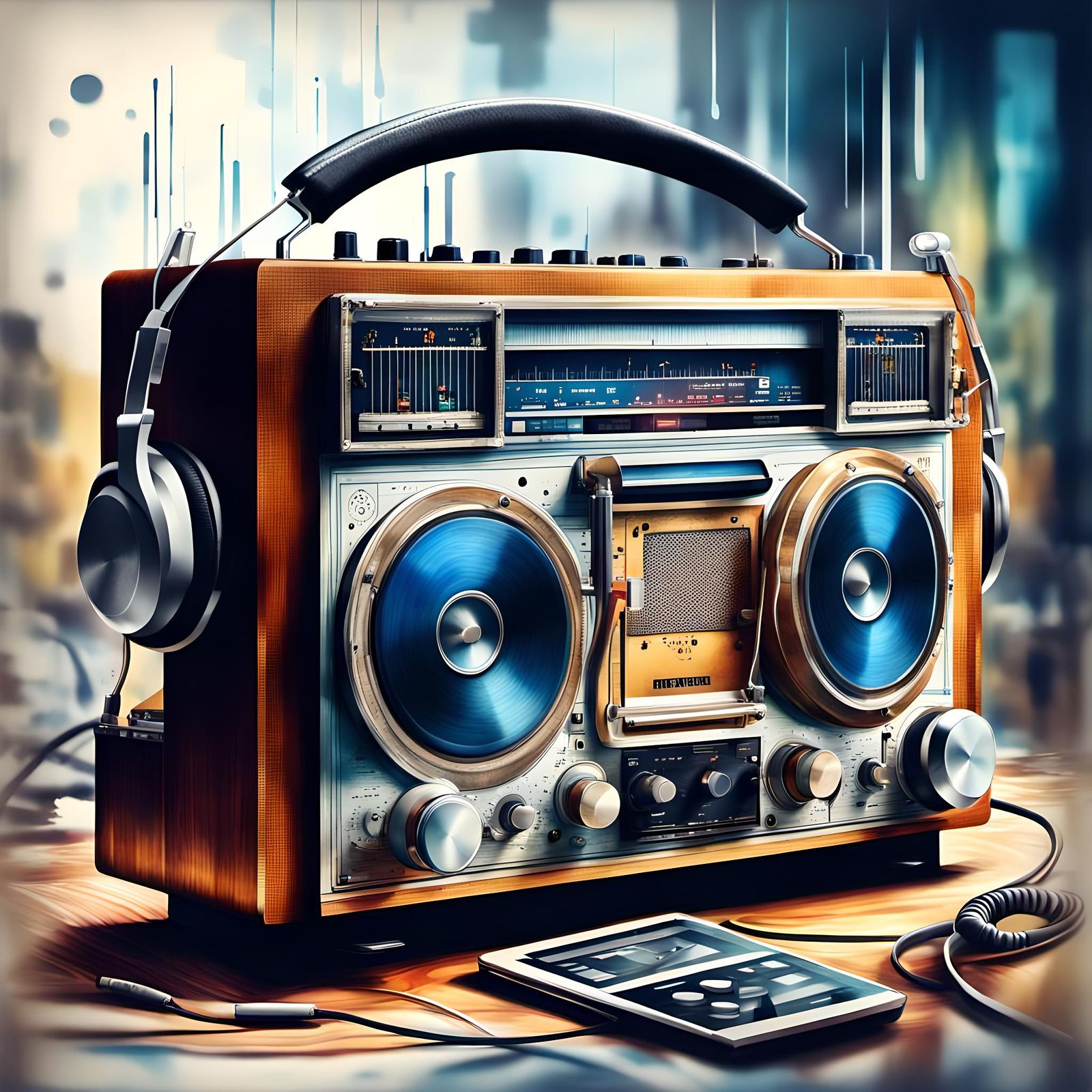 Vintage Recorder with Modern Headphones in Watercolor