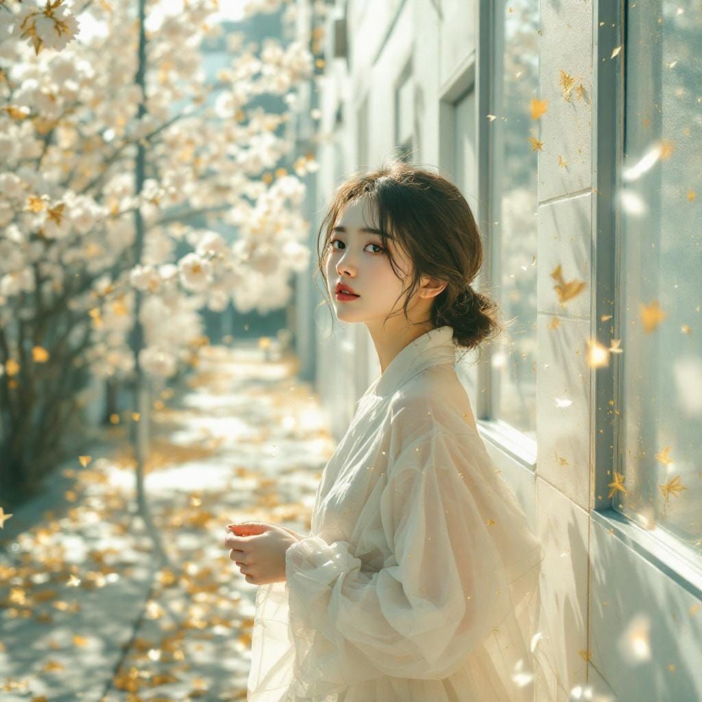 Ethereal Woman Walking in City Street, Digital Art