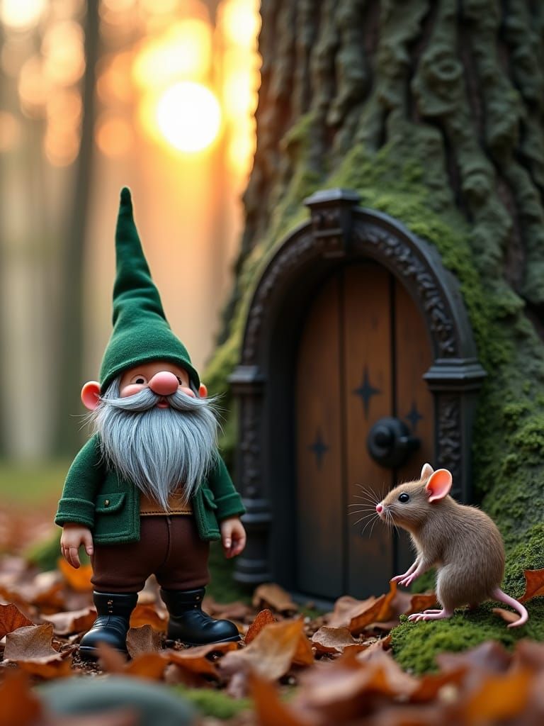 Gnome and Mouse in Mystical Forest: Cinematic Still