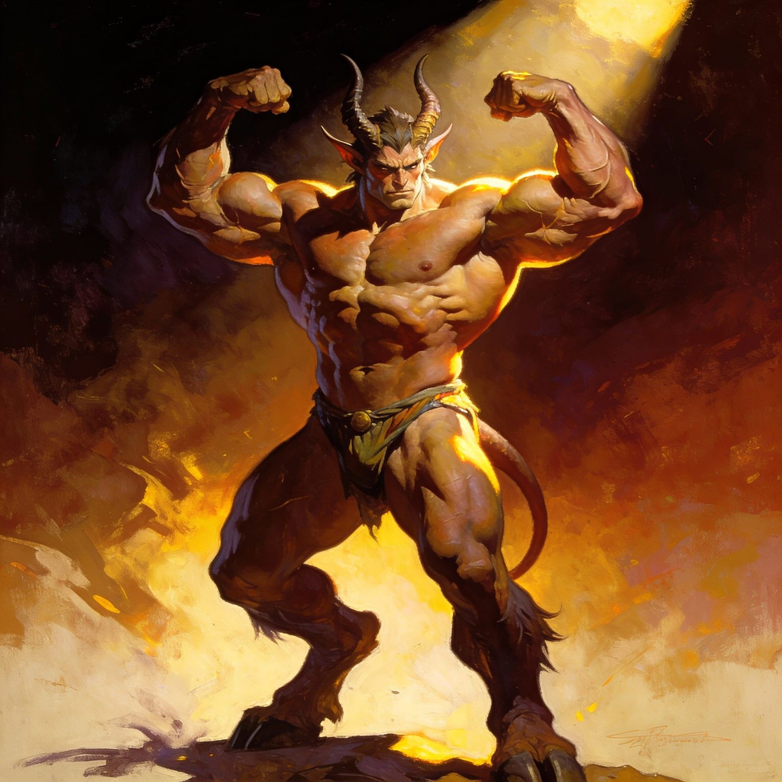 Muscular Satyr Bodybuilder Flexing Under Dramatic Lighting