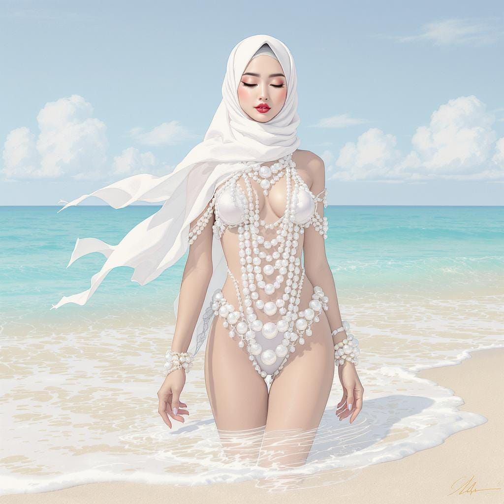 Serene Ocean: Asian Woman in Pearl Bikini