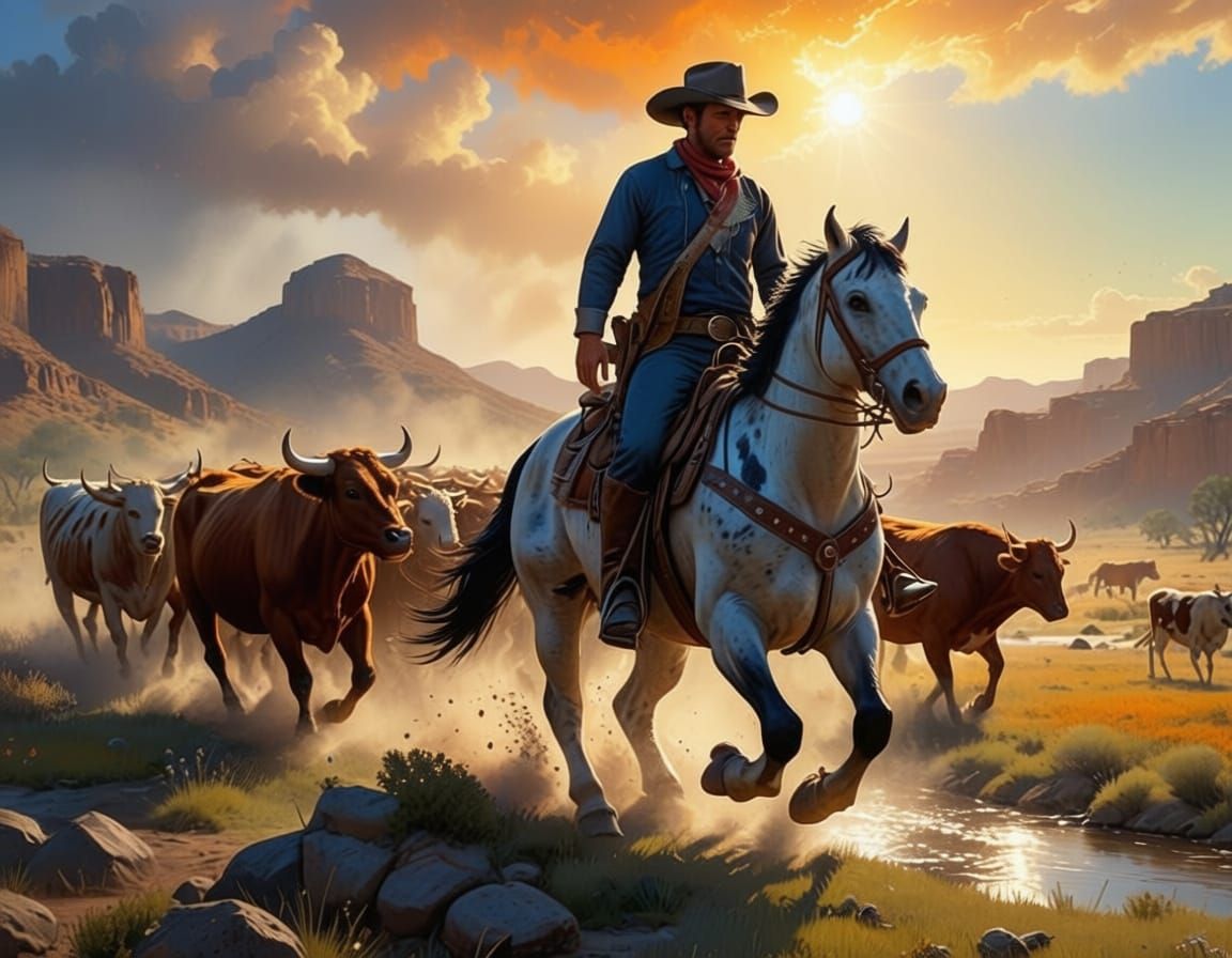 Cowboy on Horseback in Texas Landscape Illustration