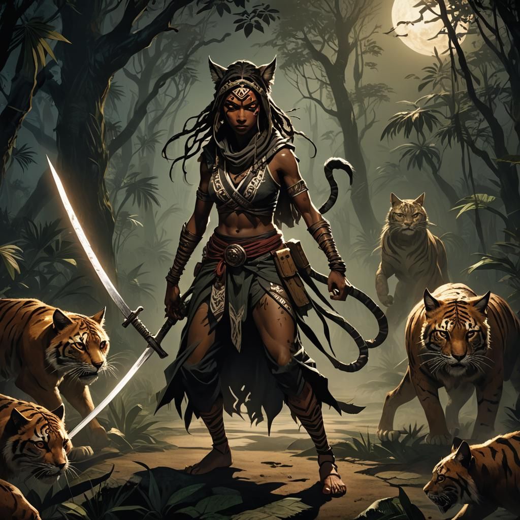 Feline Tribal Warrior in Dark Fantasy Style