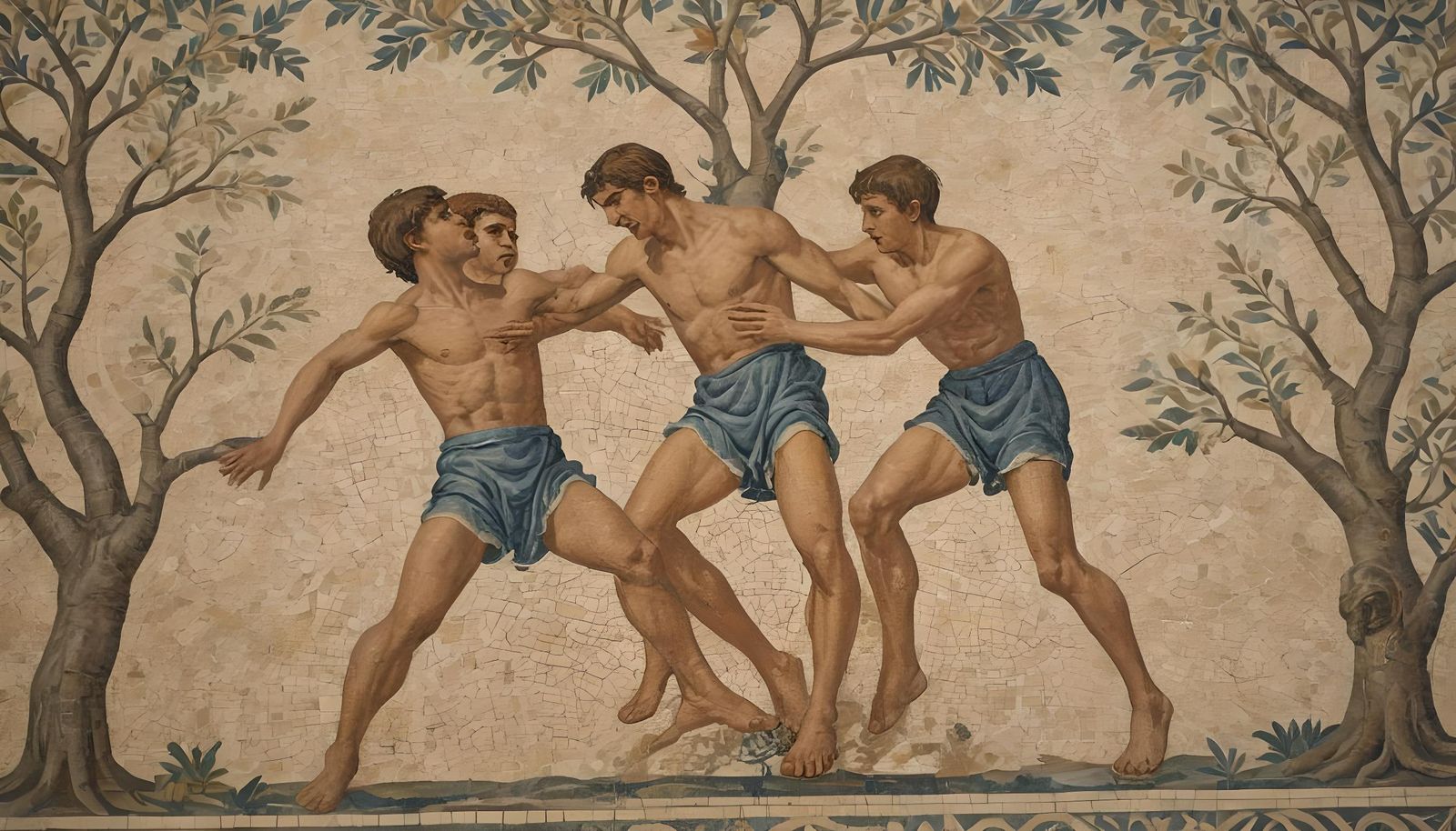 mosaico antico romano molto dettagliato di ragazzi che fanno...