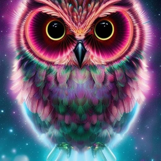 Pink Owl in Ethereal Crystal Starscape