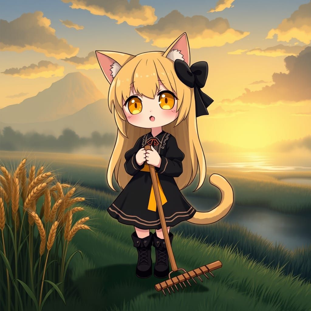 Kawaii Anime Catgirl Amidst Sunrise Wheat Field