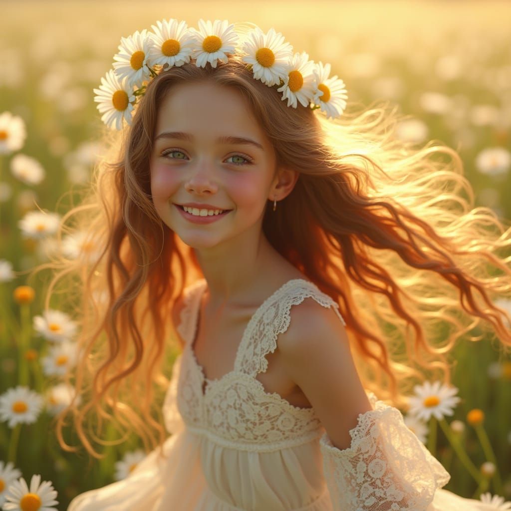 Whimsical Girl Dancing in a Sunlit Daisy Field