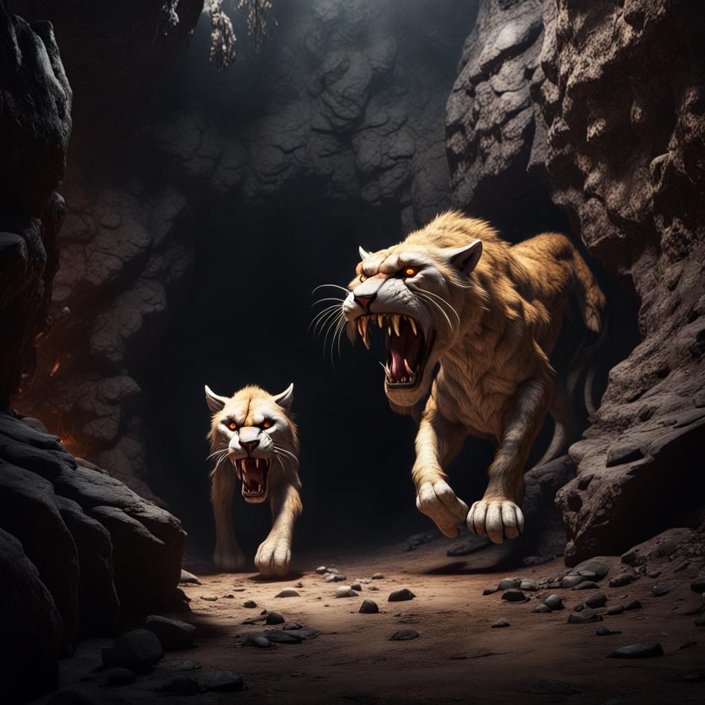 Saber-Tooth Cat Roaring in a Dark Cave