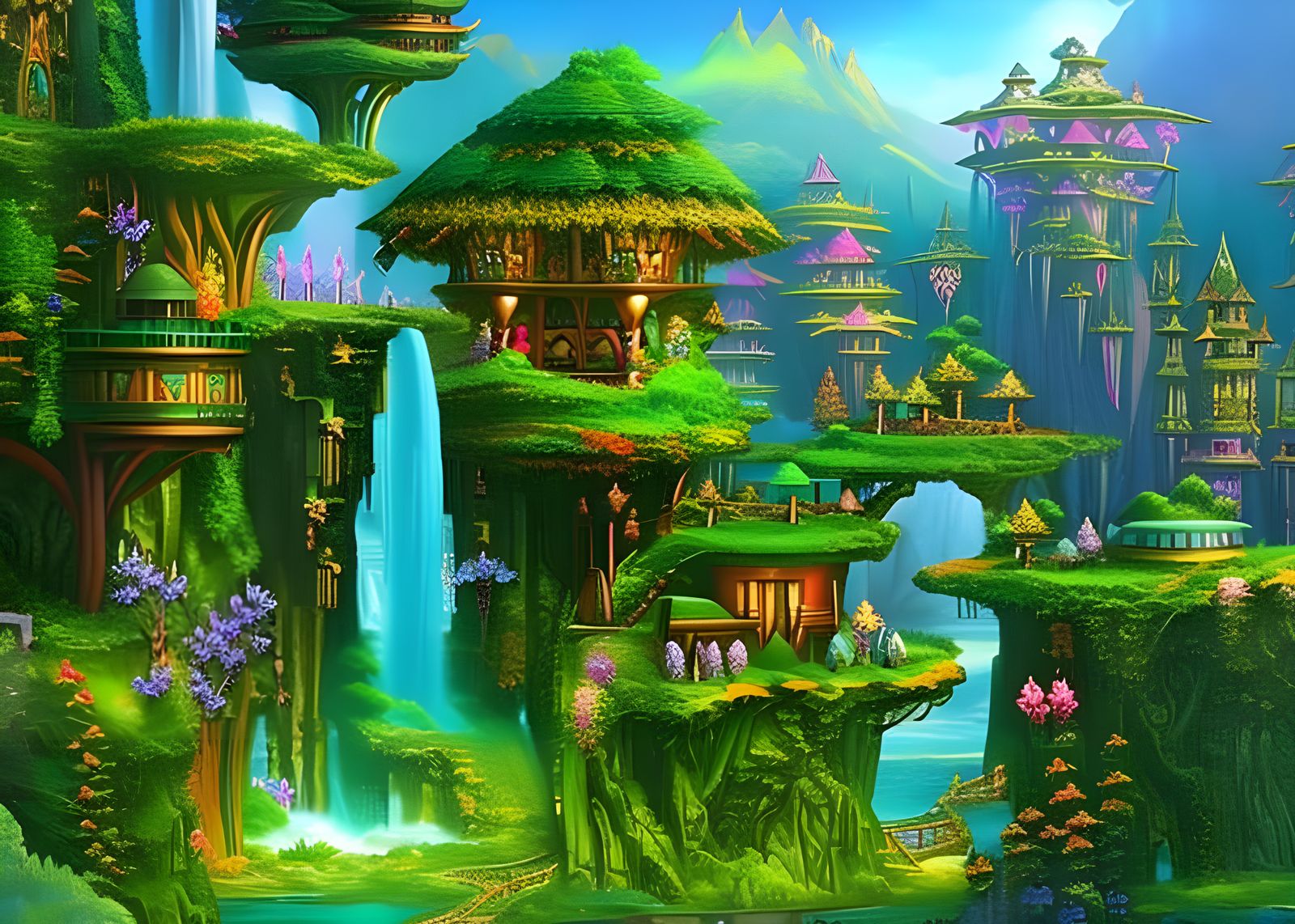 Enchanting Elven City in a Multicolored Tree Village