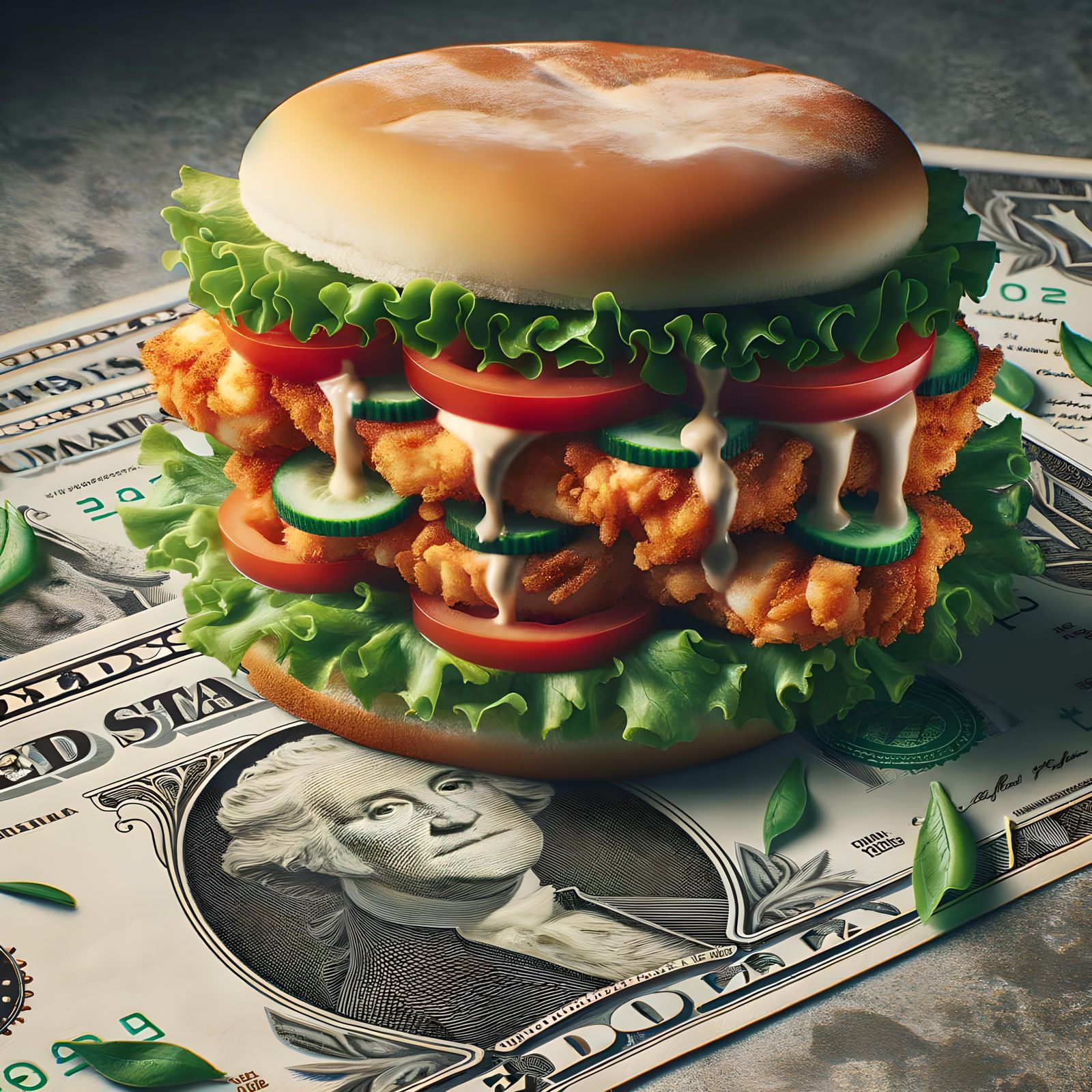 Delicious Chicken Sandwich on a Dollar Bill Surface