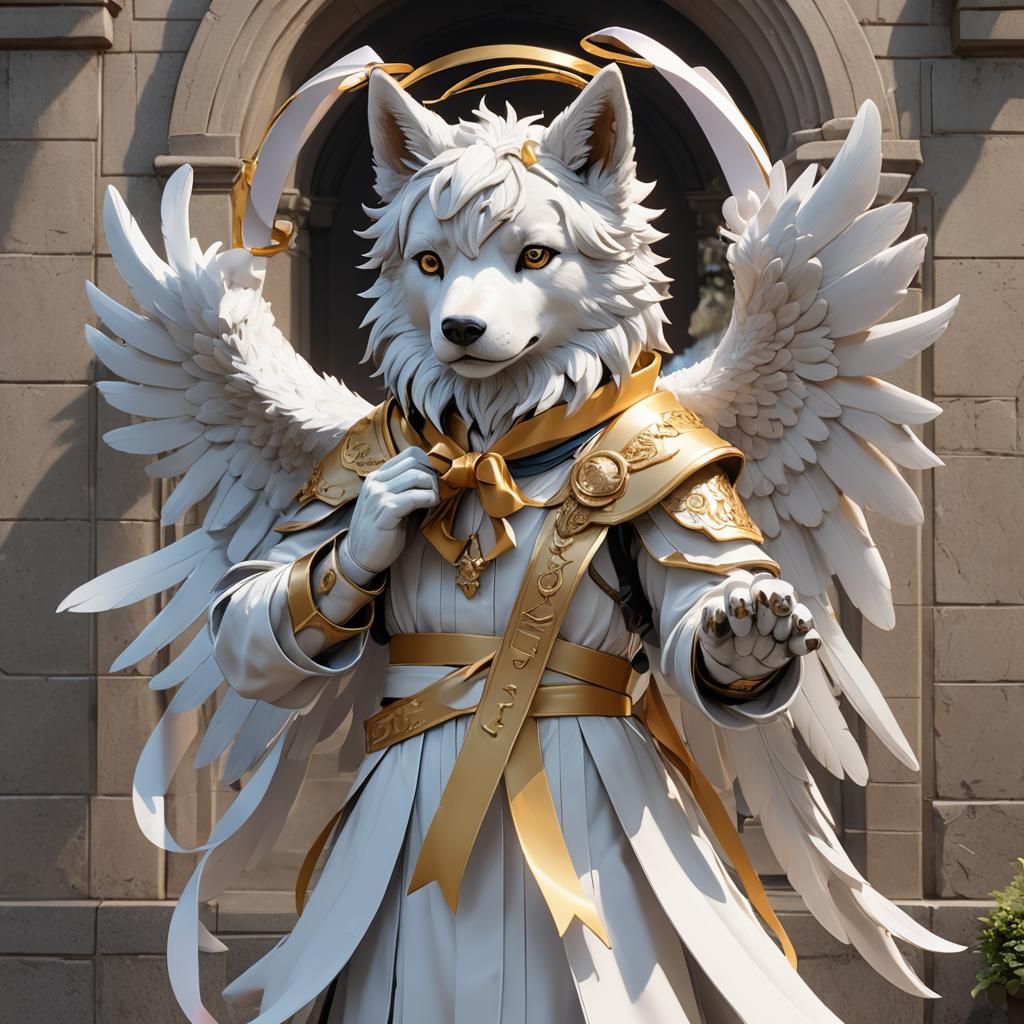 Surreal Anime-Inspired Statue of Angelic Canine Guide