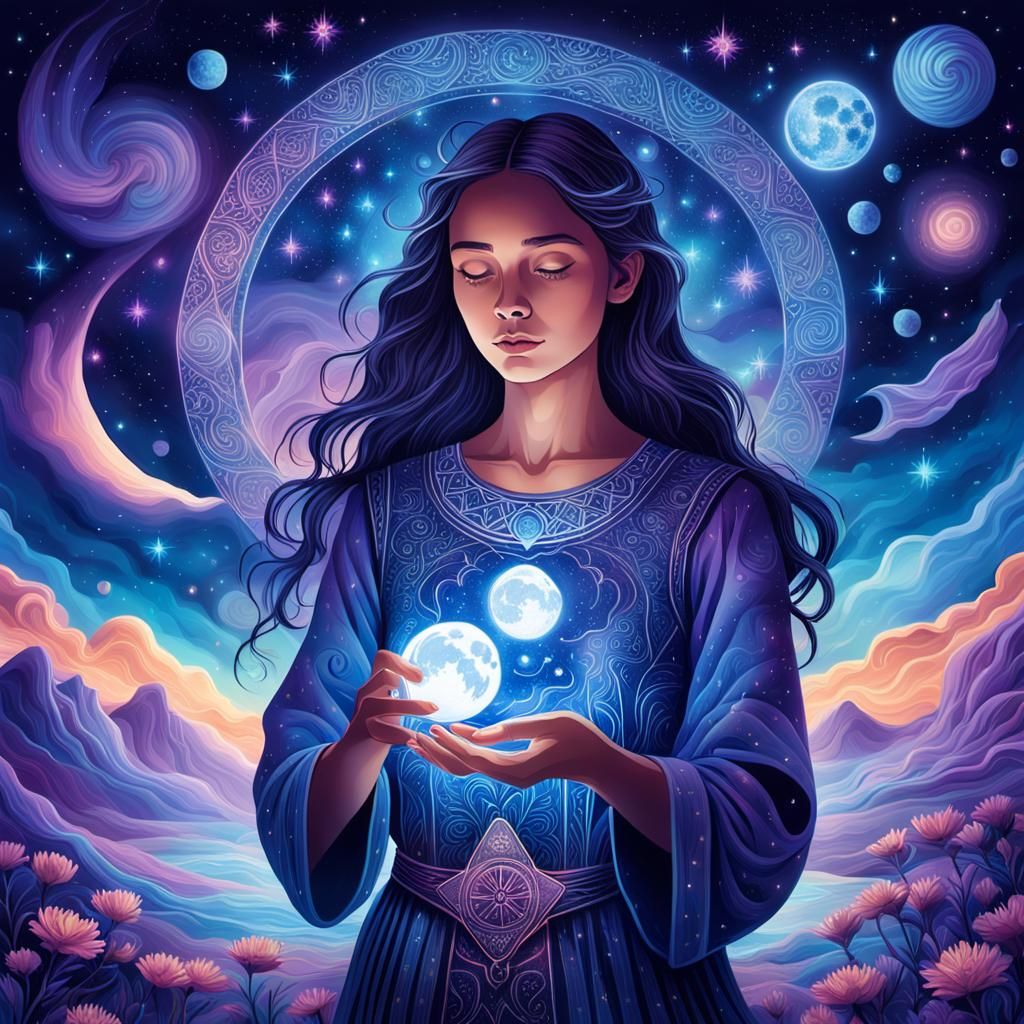 Mystical Woman with Tarot Card in Astral Landscape