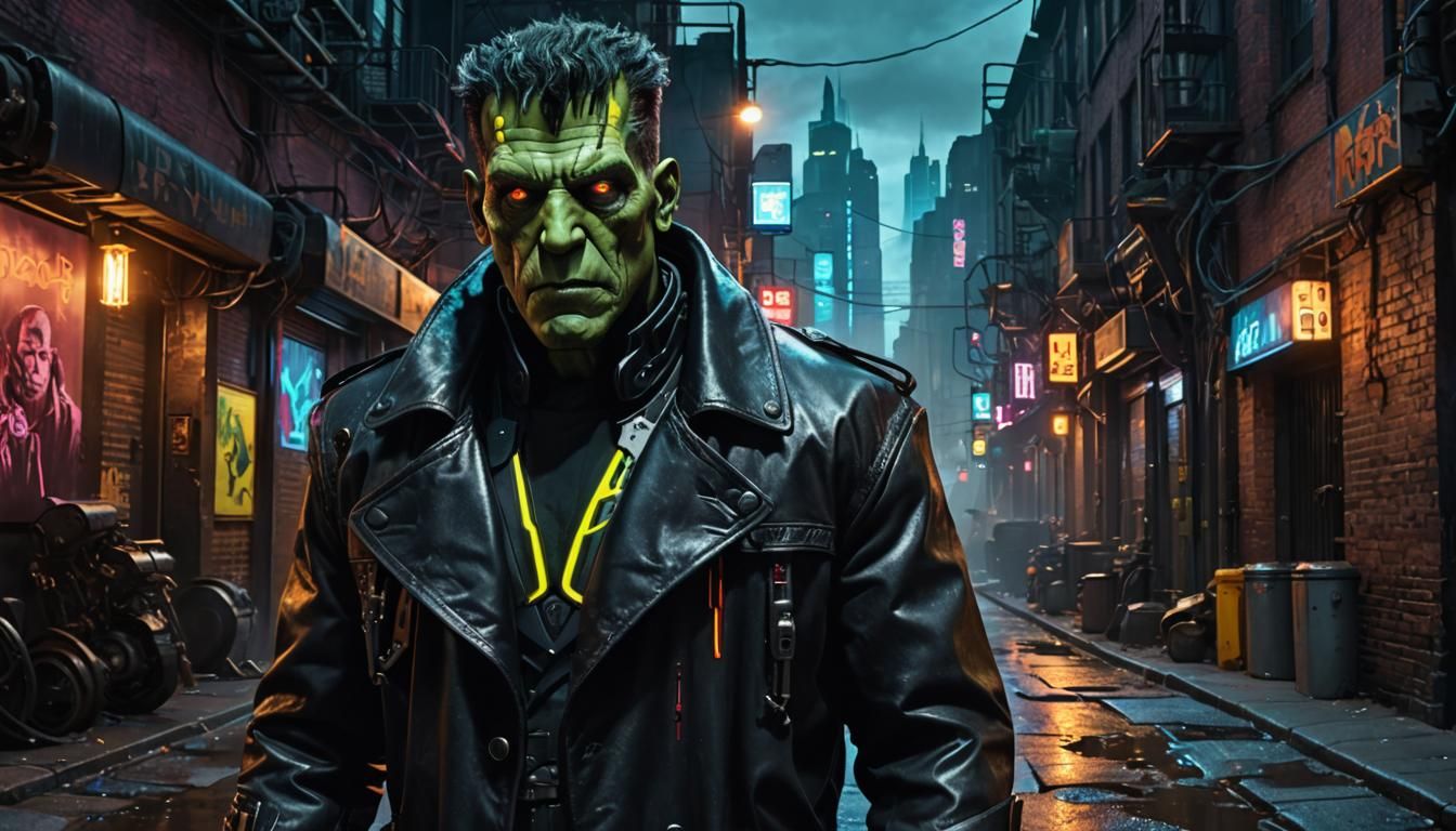 Neon Cyborg Frankenstein Monster in Cyberpunk Alleyway