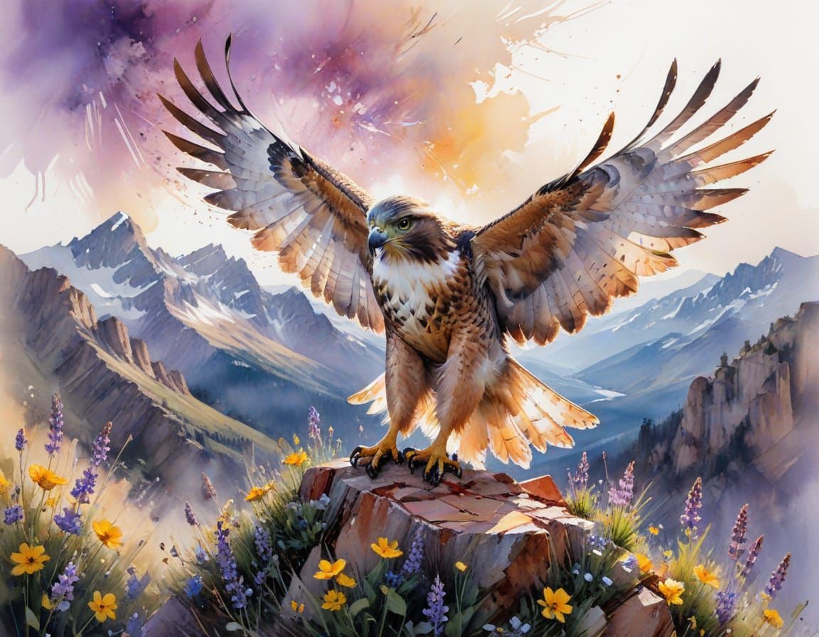 Red-Tailed Hawk Soaring Over Mountain Valley in Watercolour