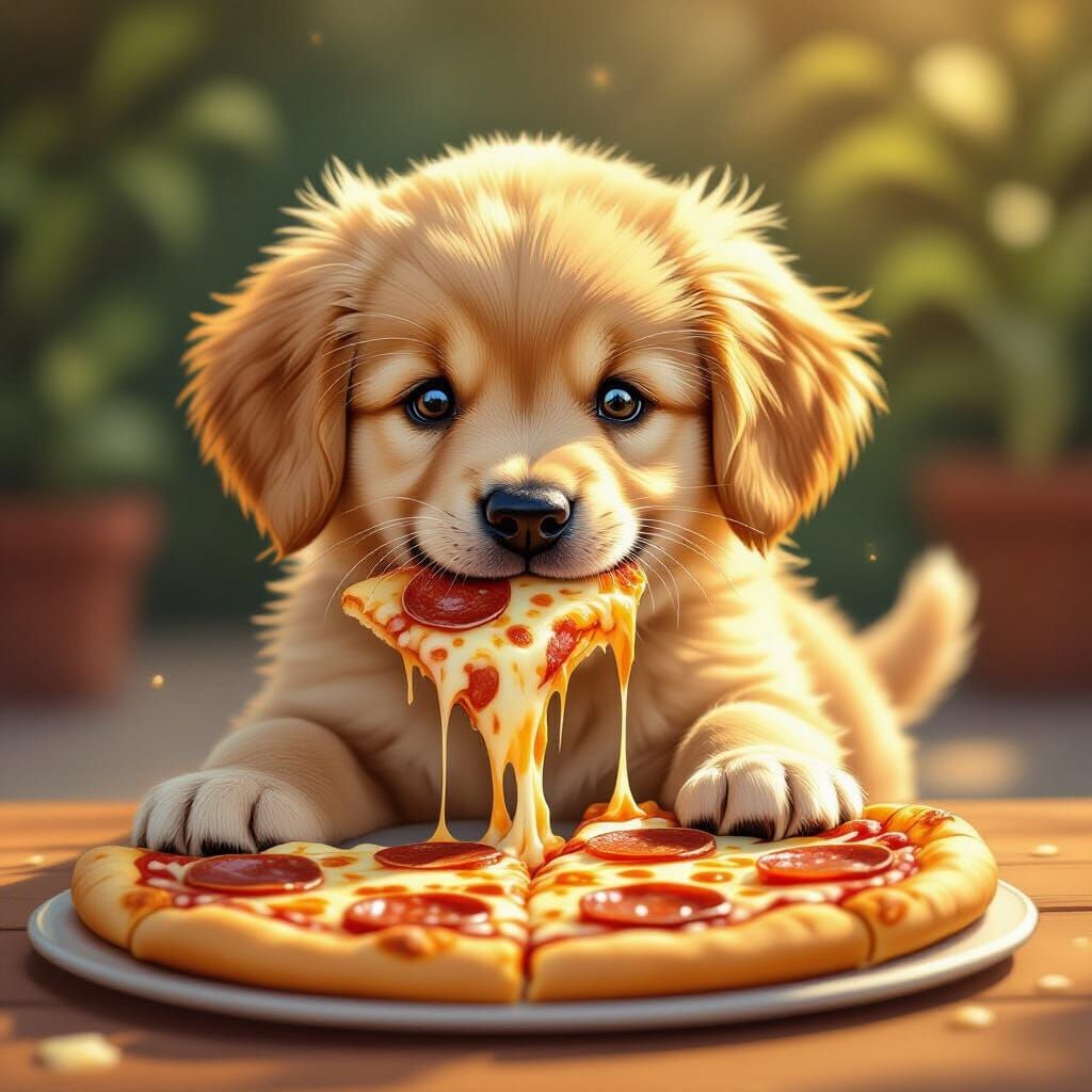Fluffy Golden Retriever Puppy Enjoys Pepperoni Pizza