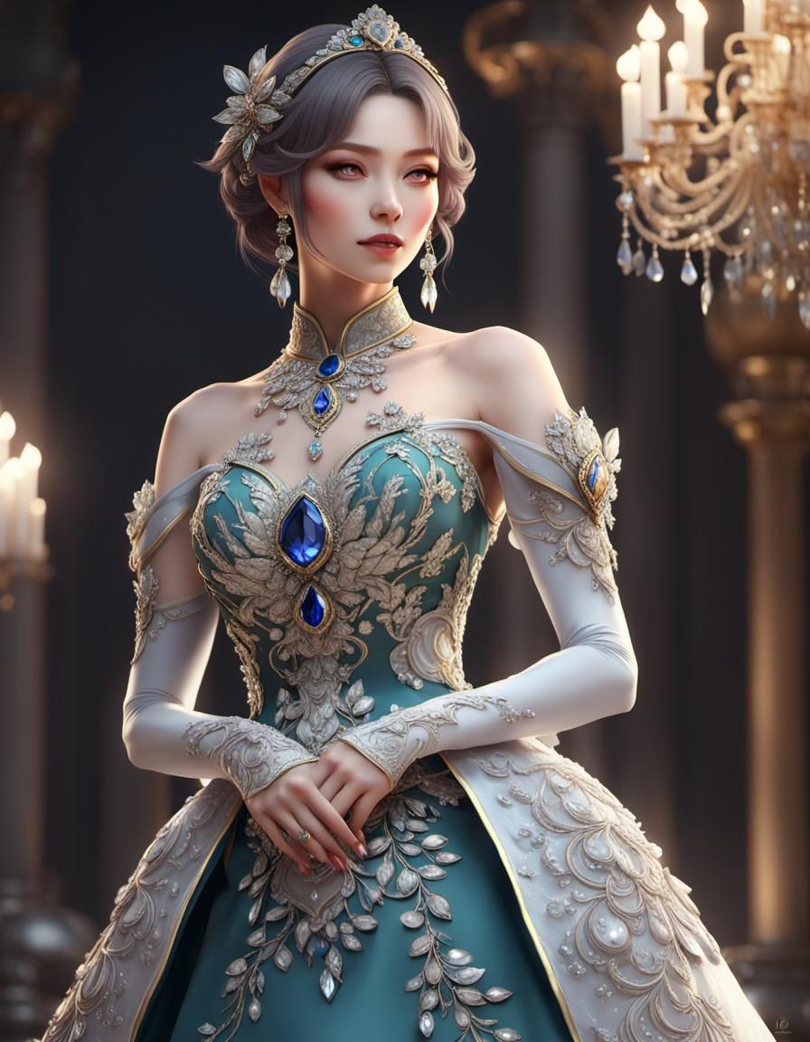 Luxurious Anime Woman in Gem-Studded Dress