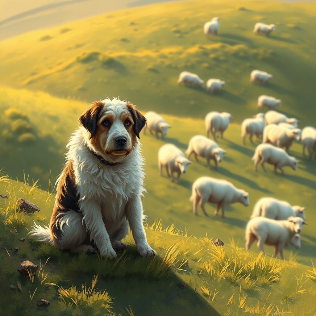 Sheepdog Resting on Hillside as Impressionist Painting