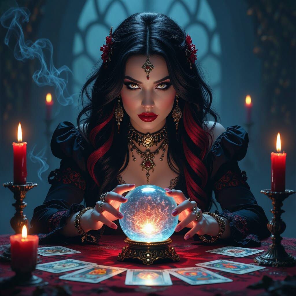 Gothic Fortune Teller Gazing into Crystal Ball