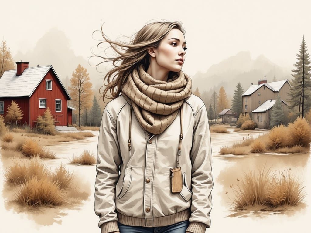 Woman in Autumn Village with Windblown Hair