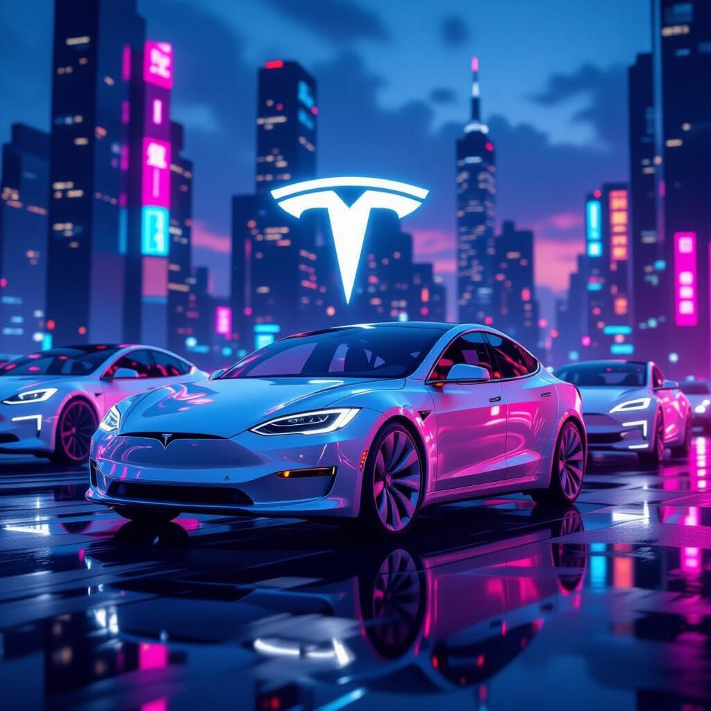 Tesla Hologram in Cyberpunk Cityscape