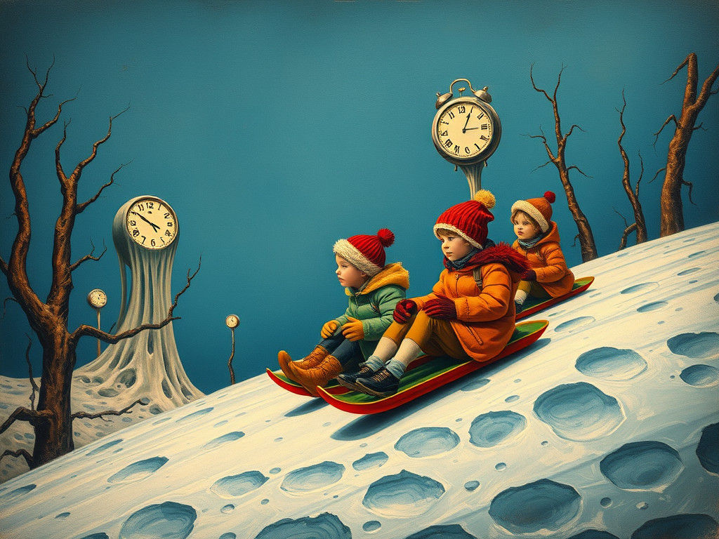 Lunar Sledding Dreamscape in Salvador Dali Style