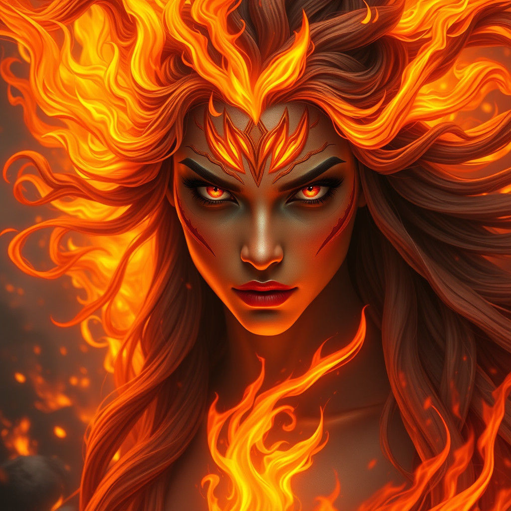 Fiery Goddess Portrait in Digital Painting Style