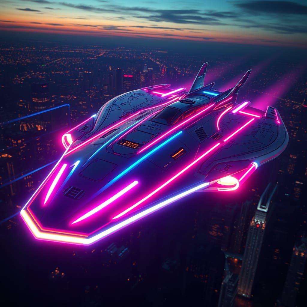 Cyberpunk Spaceship Illuminates Cityscape