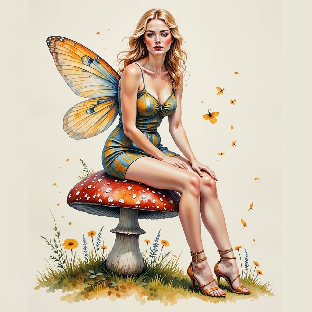 Watercolor Fairy Portrait on Mushroom
