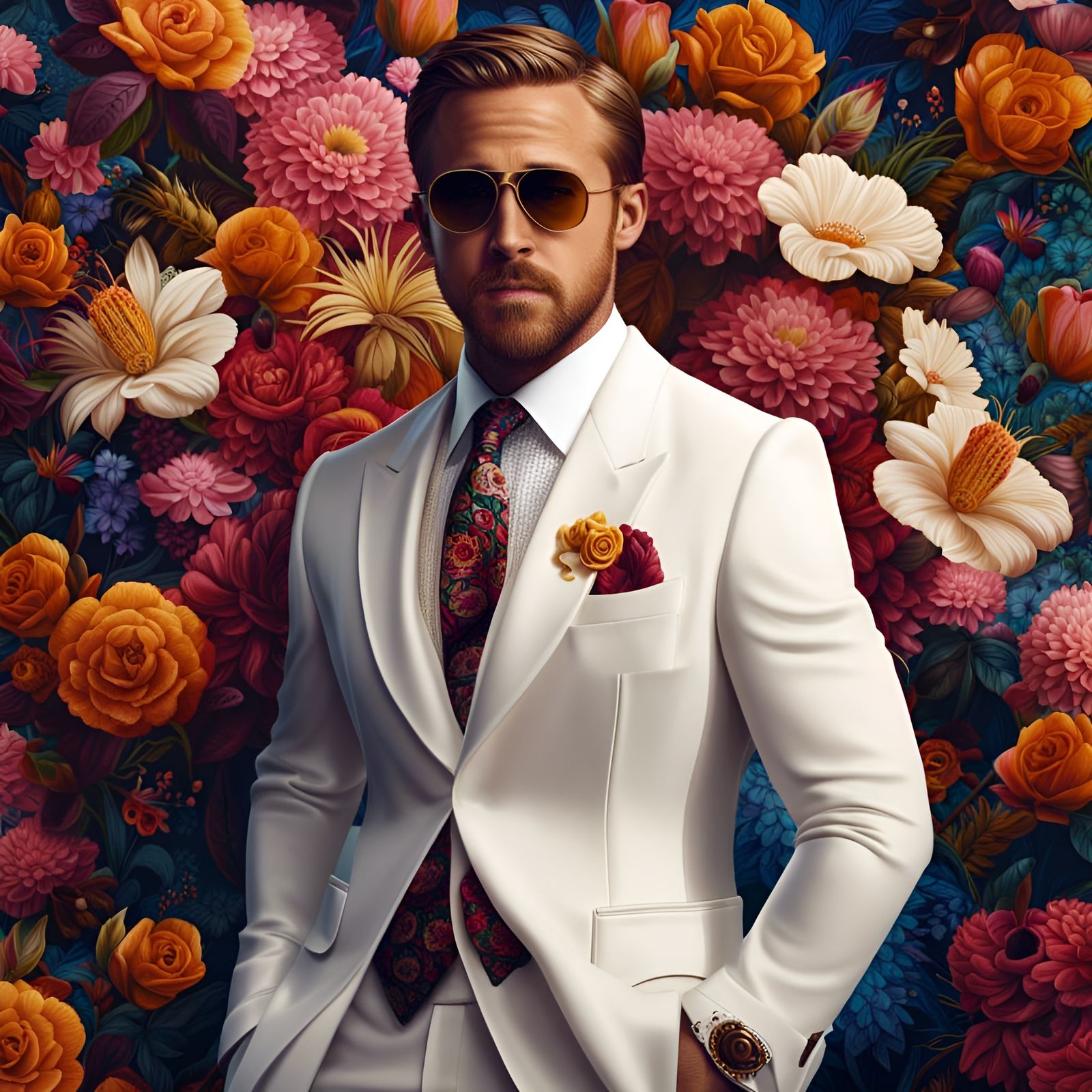 Photorealistic Portrait of Man in Floral White Suit