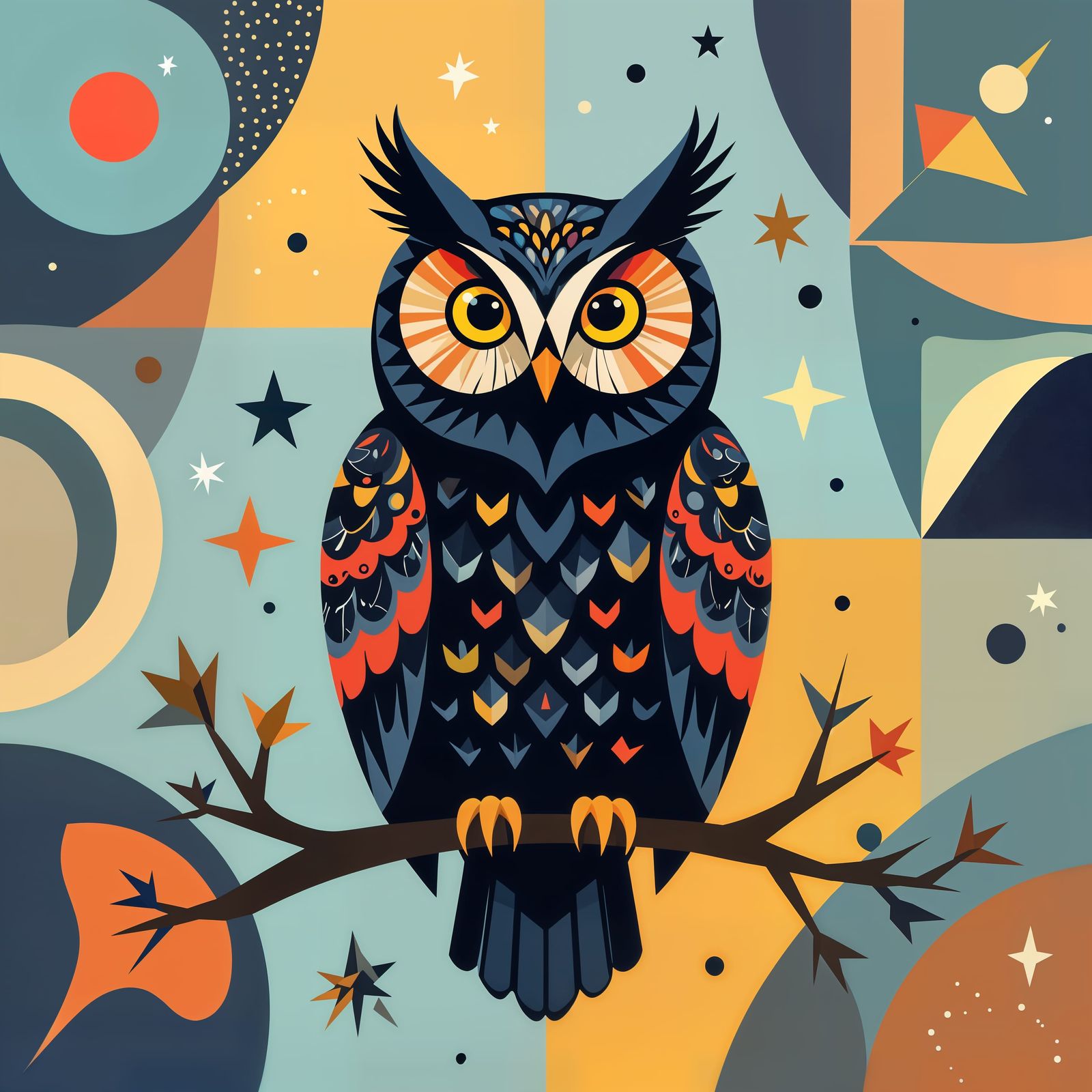 Abstract Black Owl Amidst Geometric Blue and Yellow Landscap...