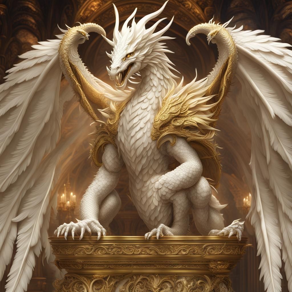 Ornate Ivory Dragon Statue with Feathered Wings