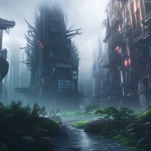 Overgrown Futuristic City in Detailed Matte Painting