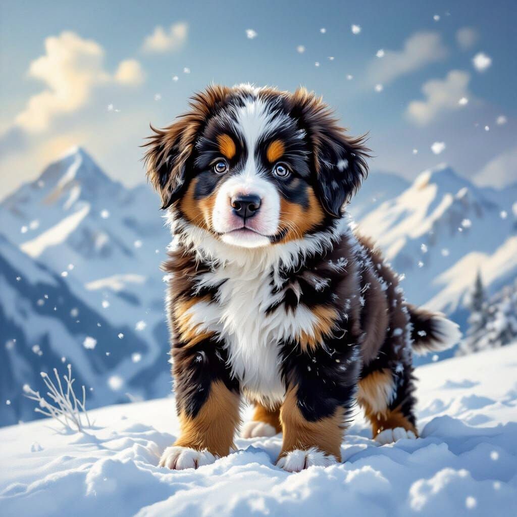 Brave Bernese Mountain Puppy in Blizzard Oil Painting