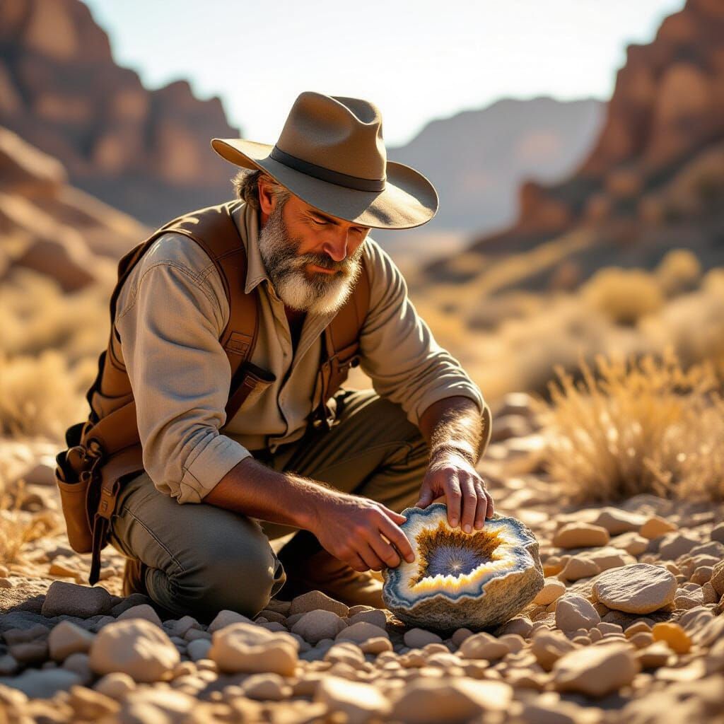Geologist Examining Geode in Golden Light