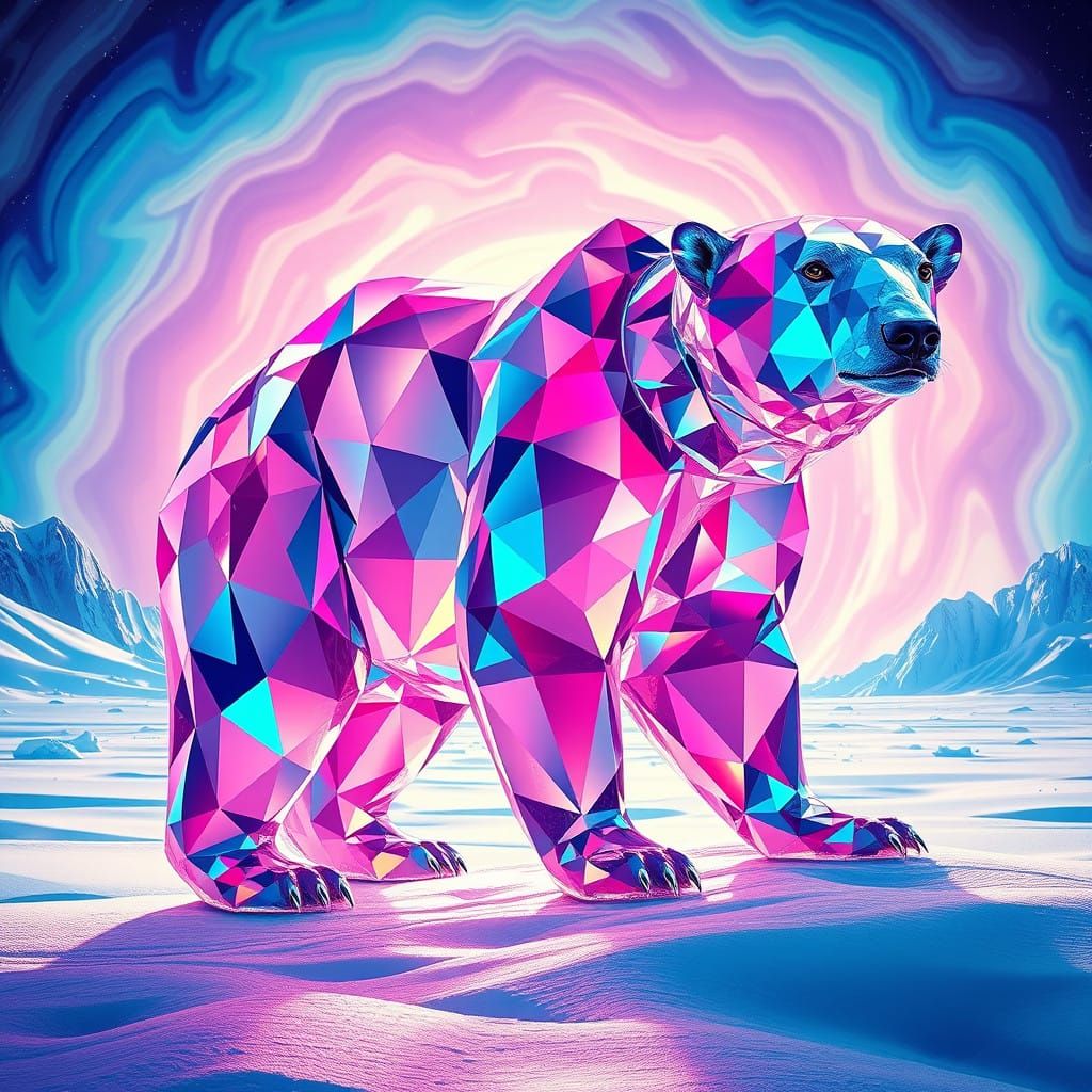 Iridescent Polar Bear in Kaleidoscopic Vortex