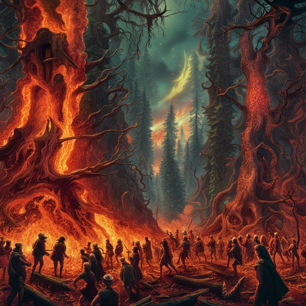 Crowded Fire in Dark Forest, Cinematic Matte Painting