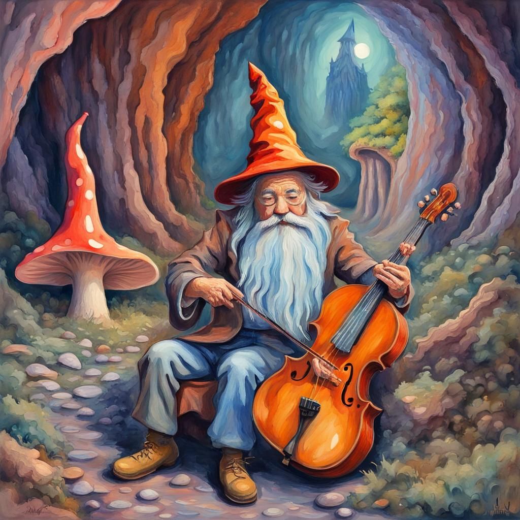 Wizard Cellist's Psychedelic Cave Concert: Gouache Impressio...