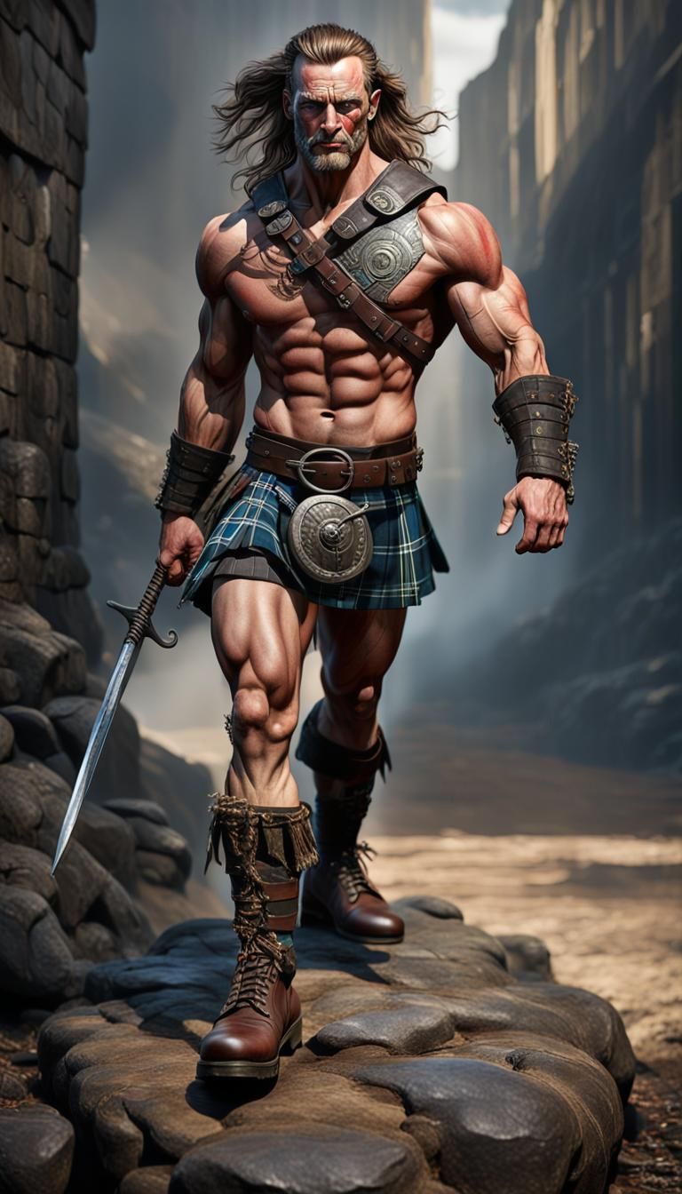 Scottish Warrior and Black Bear in Hyperrealistic Splash Art