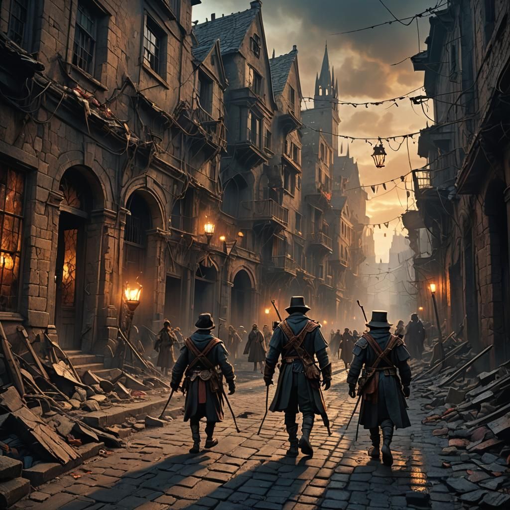 Piper Leads Marionettes Through Ruined Cityscape