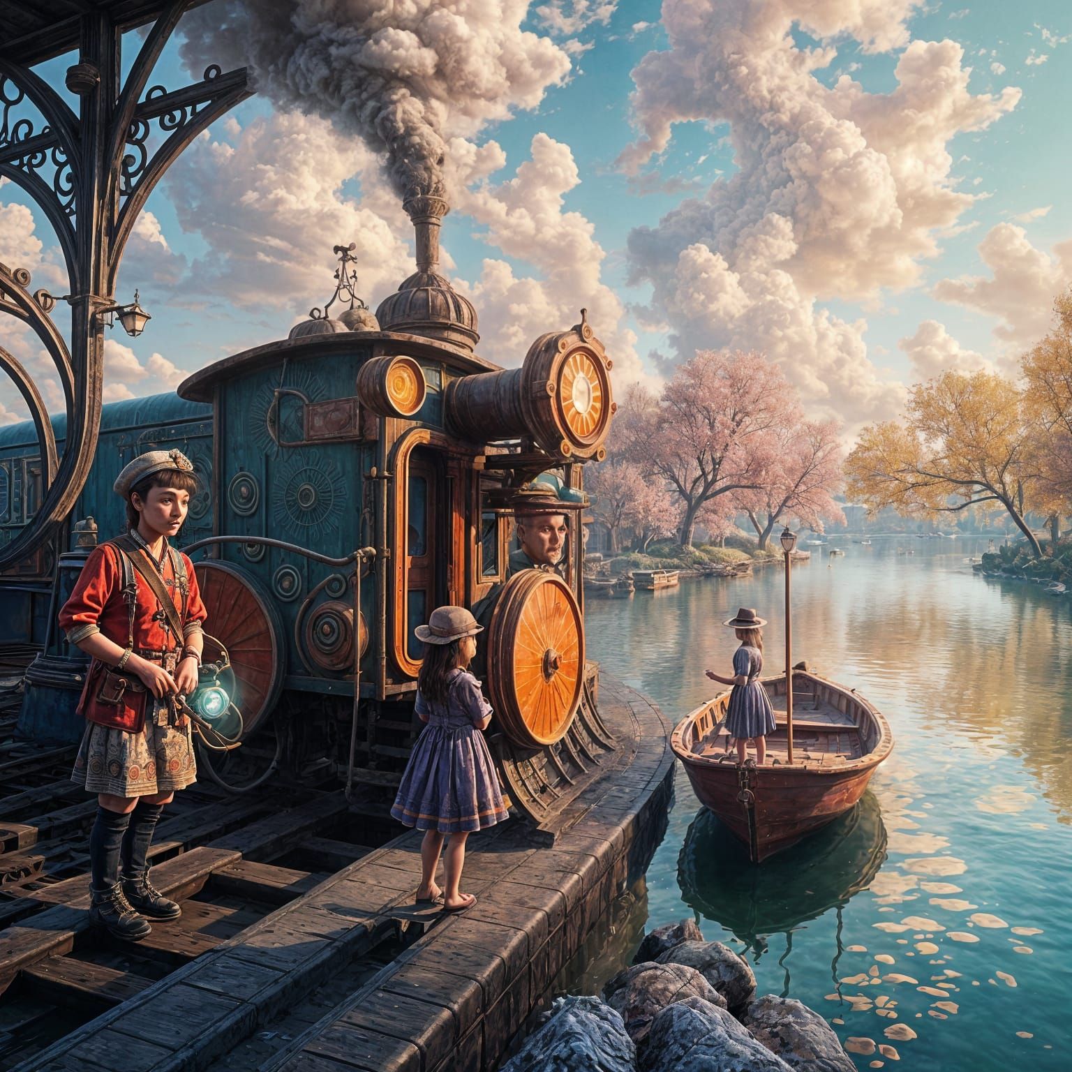 Vibrant Surreal Train Station in Salvador Dali Style