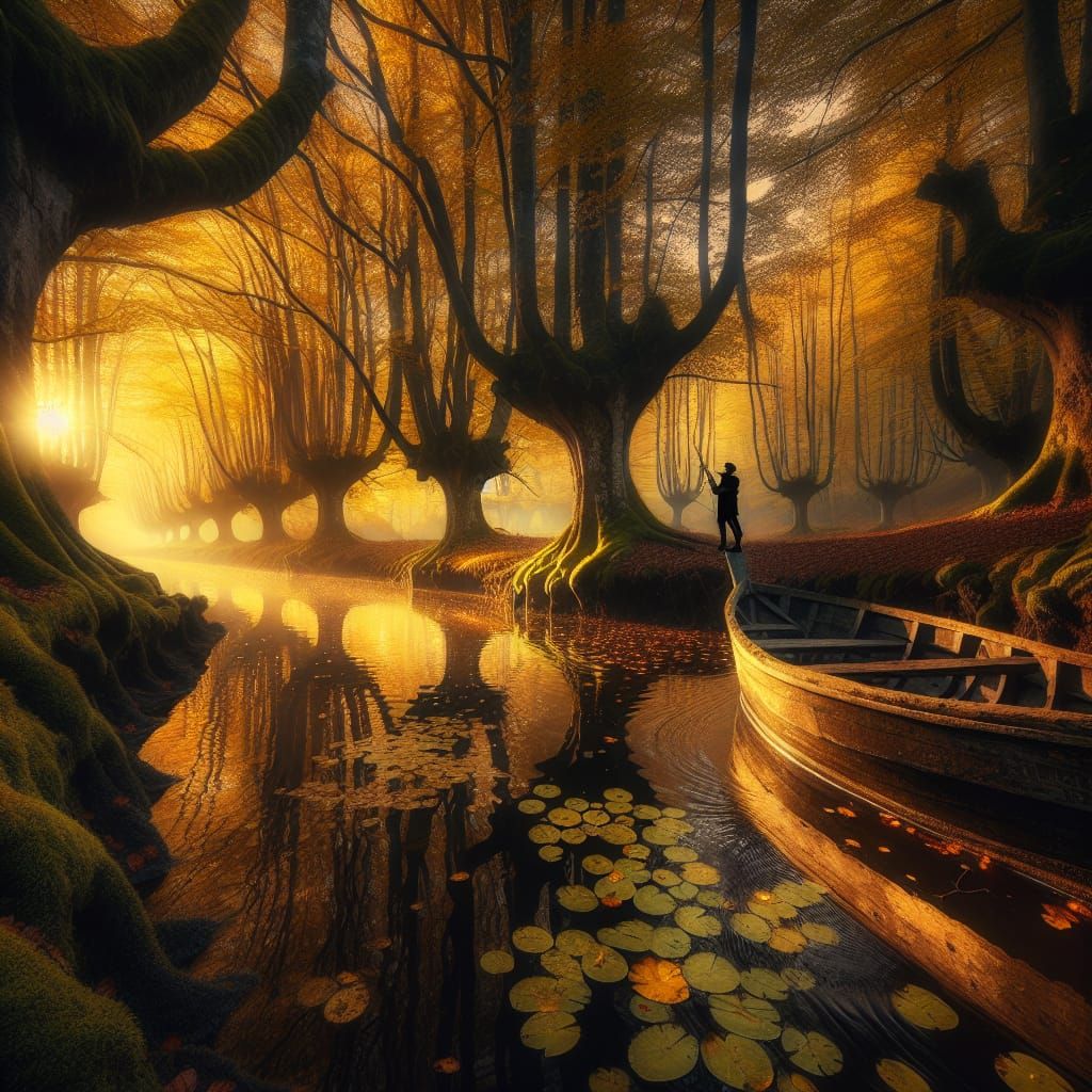 Autumnal River Sunset in Ancient Forest