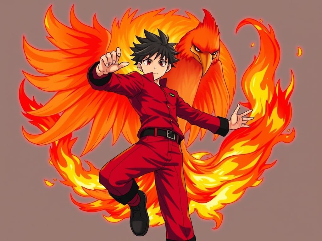 Fiery Phoenix Anime Boy in Red Suit