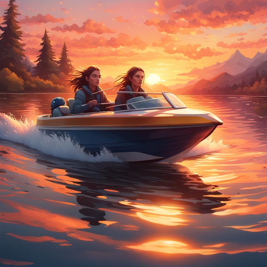 Girls Speedboating at Sunset: Hyperdetailed Splash Art