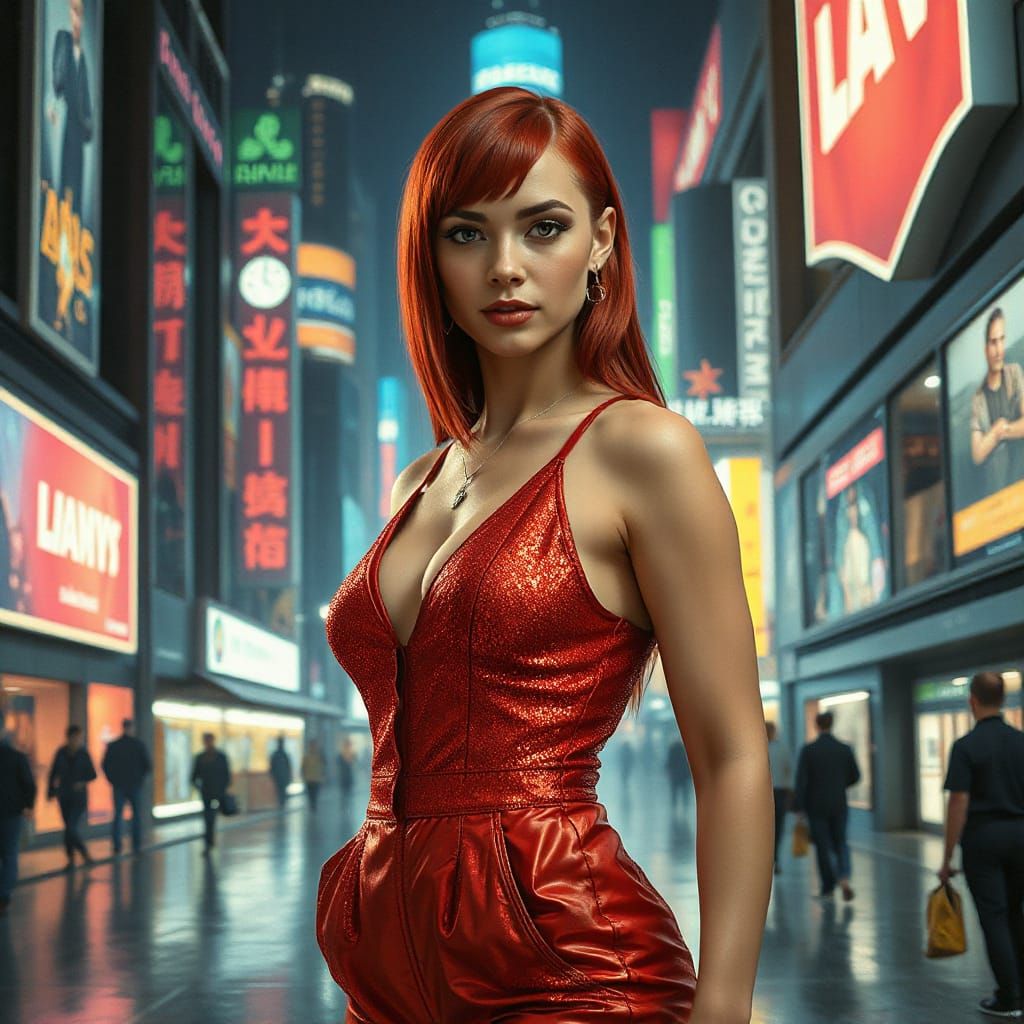 Redhead in Shimmering Jumpsuit, Hyperrealistic Splash Art