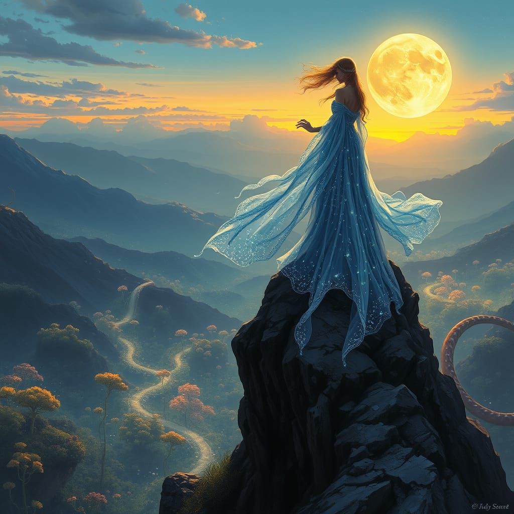 Mystical Sorceress Surveys Windswept Crags